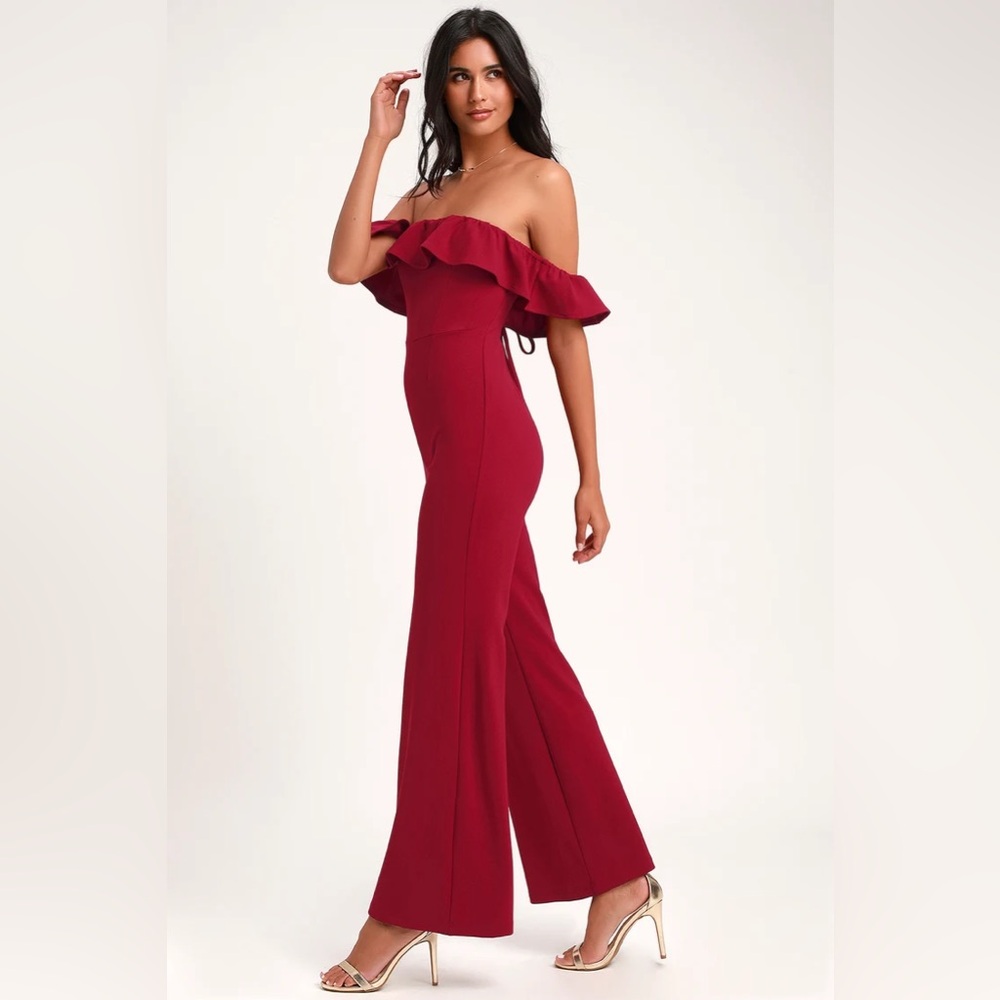 Lulu’s All I Want Wine Red Lace-Up Off-the-Shoulder Jumpsuit Medium